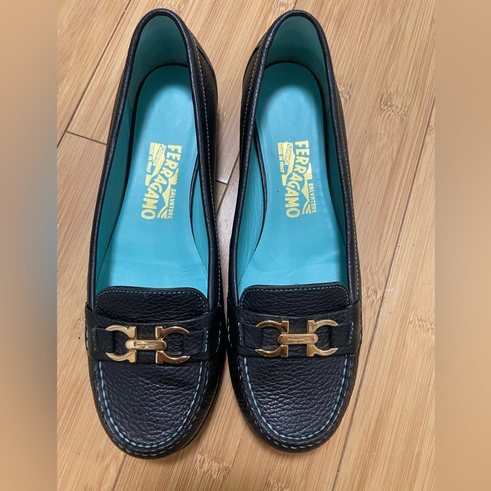 Salvatore Ferragamo Black Leather Flats/ Loafer with Gold Hardware